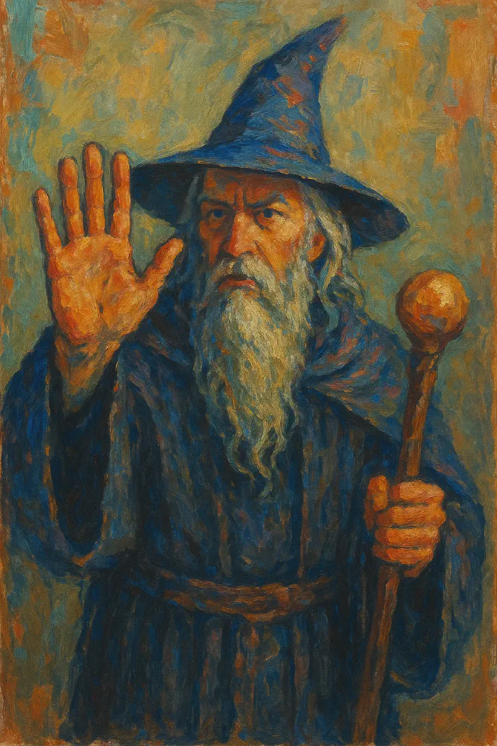 A wizard holds up a hand to tell people to wait.